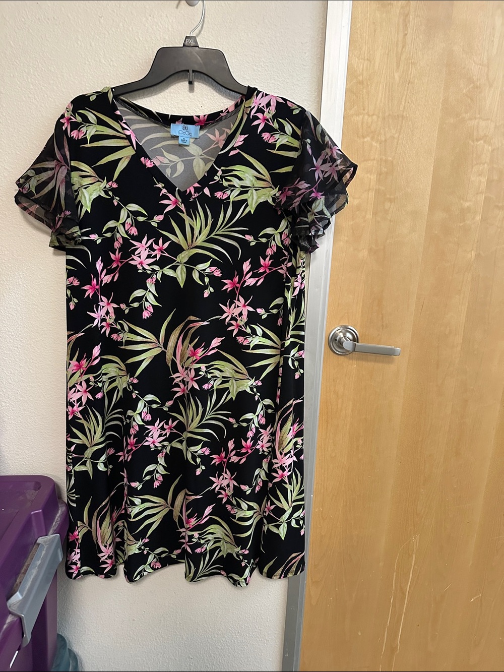 CeCe Black Midi Dress with Pink & Green Floral Print